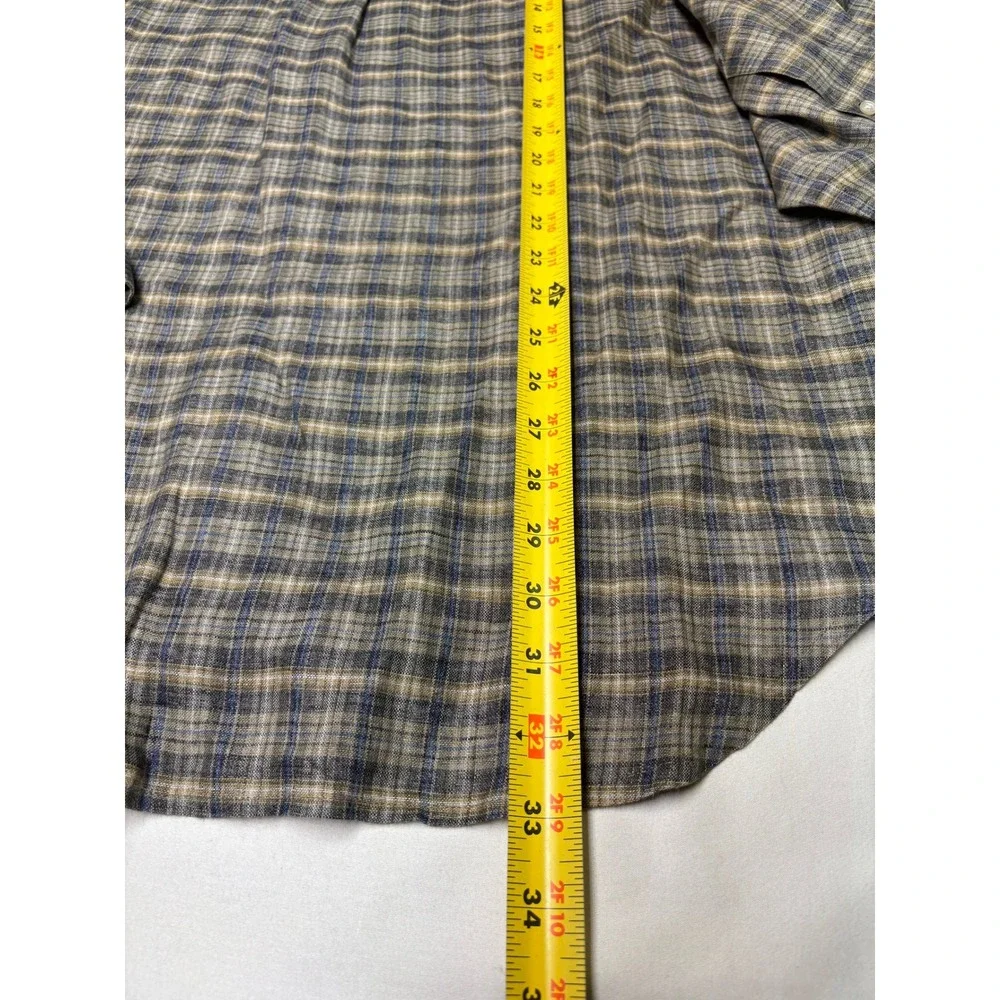 VTG Banana Republic Mens 100% Linen Plaid Button Down Shirt Brown Blue Medium